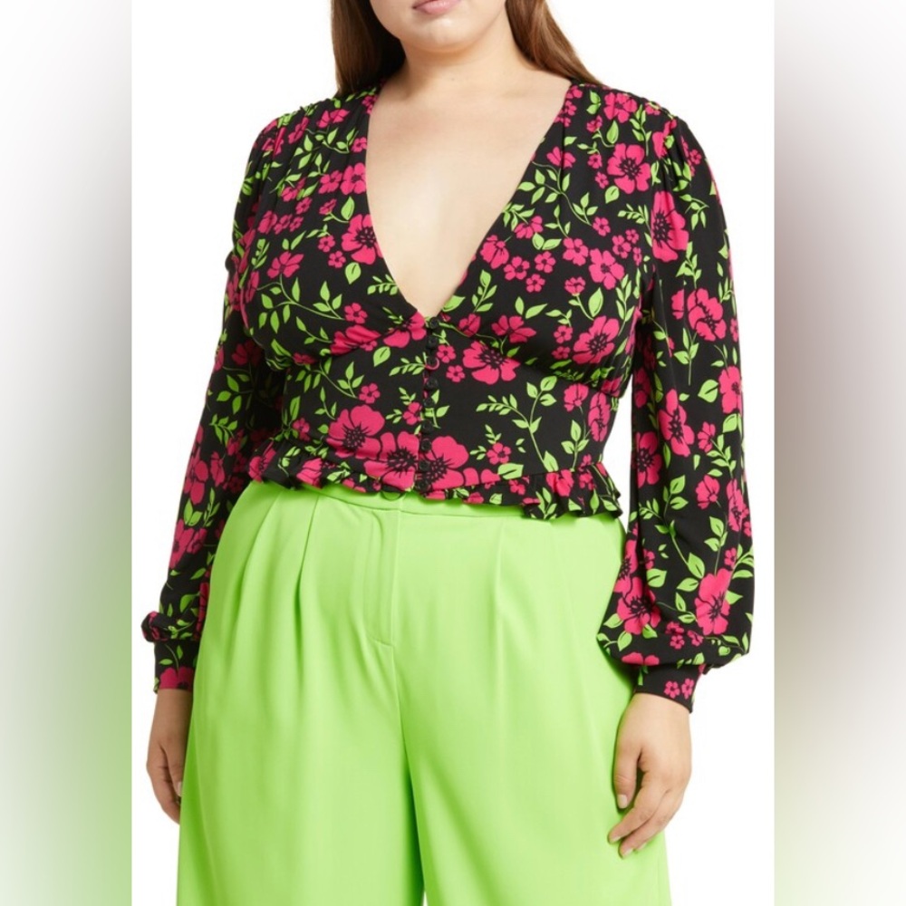 Floral V-Neck Peplum Blouse - Black with Hot Pink & Green